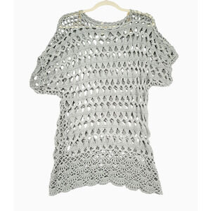 POL Womens Small Crochet Knit Sweater Gray Boho Open Knit Short Sleeve NEW